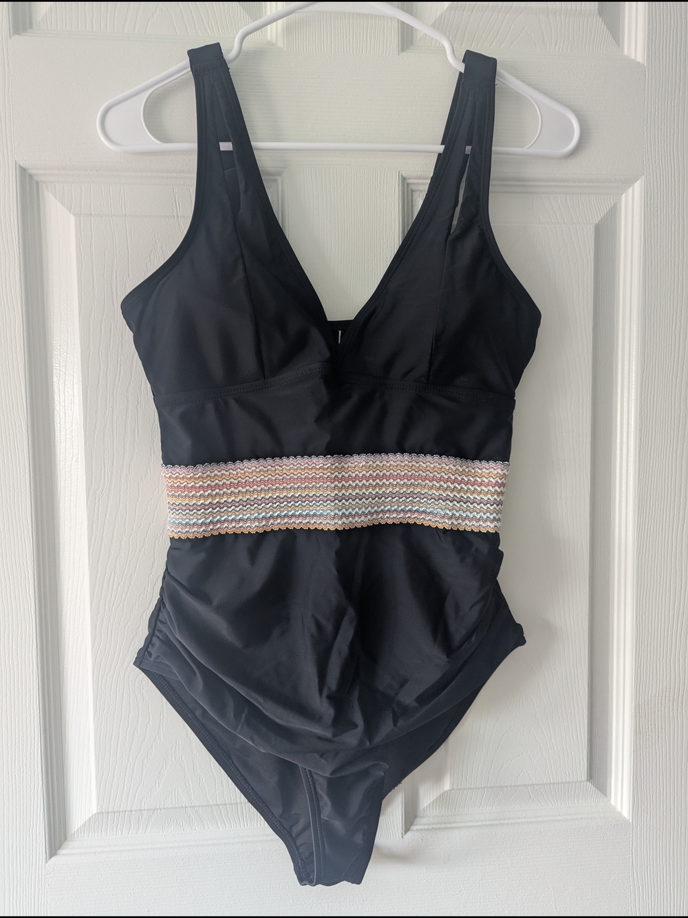 Black One-Piece Swimsuit with Multicolor Waistband